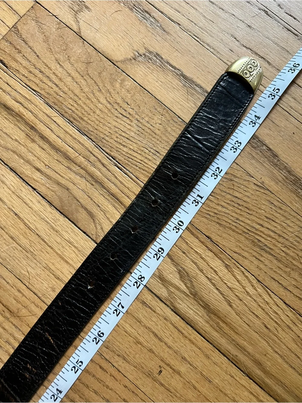 Black Leather Belt with Decorative Brass Buckle